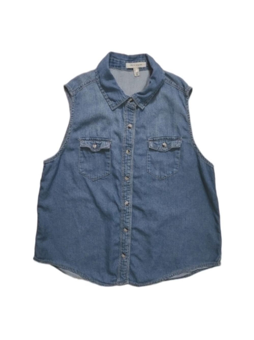 LIFE IN PROGRESS BLUE JEAN CHAMBRAY DENIM BUTTON DOWN SHIRT SLEEVELESS MEDIUM